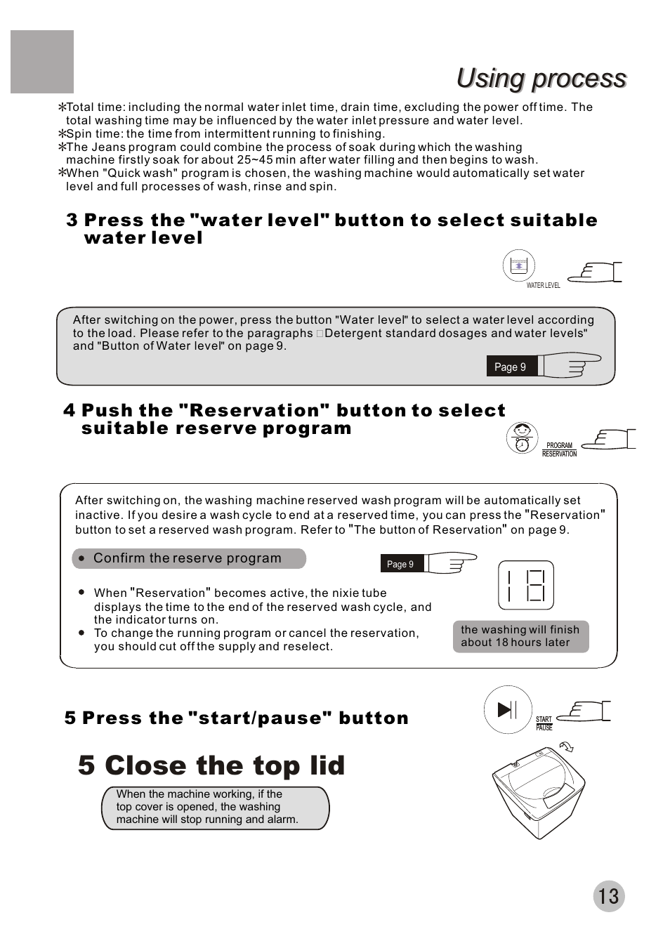Using process, 5 close the top lid, 5 press the "start/pause" button | haier XQB50-10A User Manual | Page 16 / 20