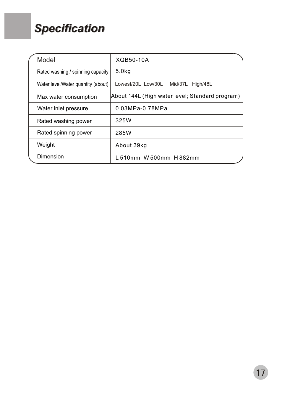 Specification | haier XQB50-10A User Manual | Page 20 / 20