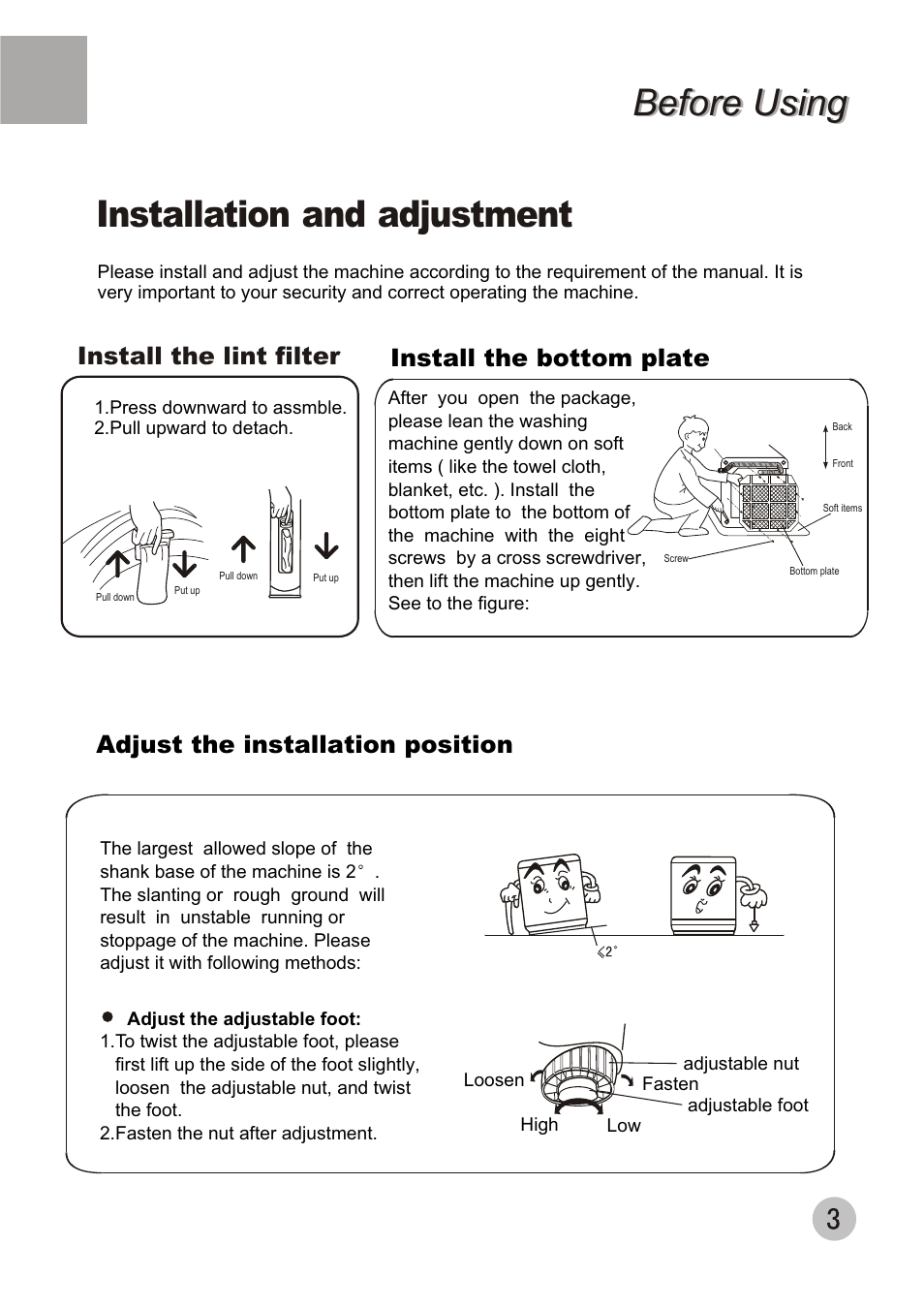 Before using, Before using installation and adjustment, Adjust the installation position | Install the bottom plate, Install the lint filter | haier XQB50-10A User Manual | Page 6 / 20