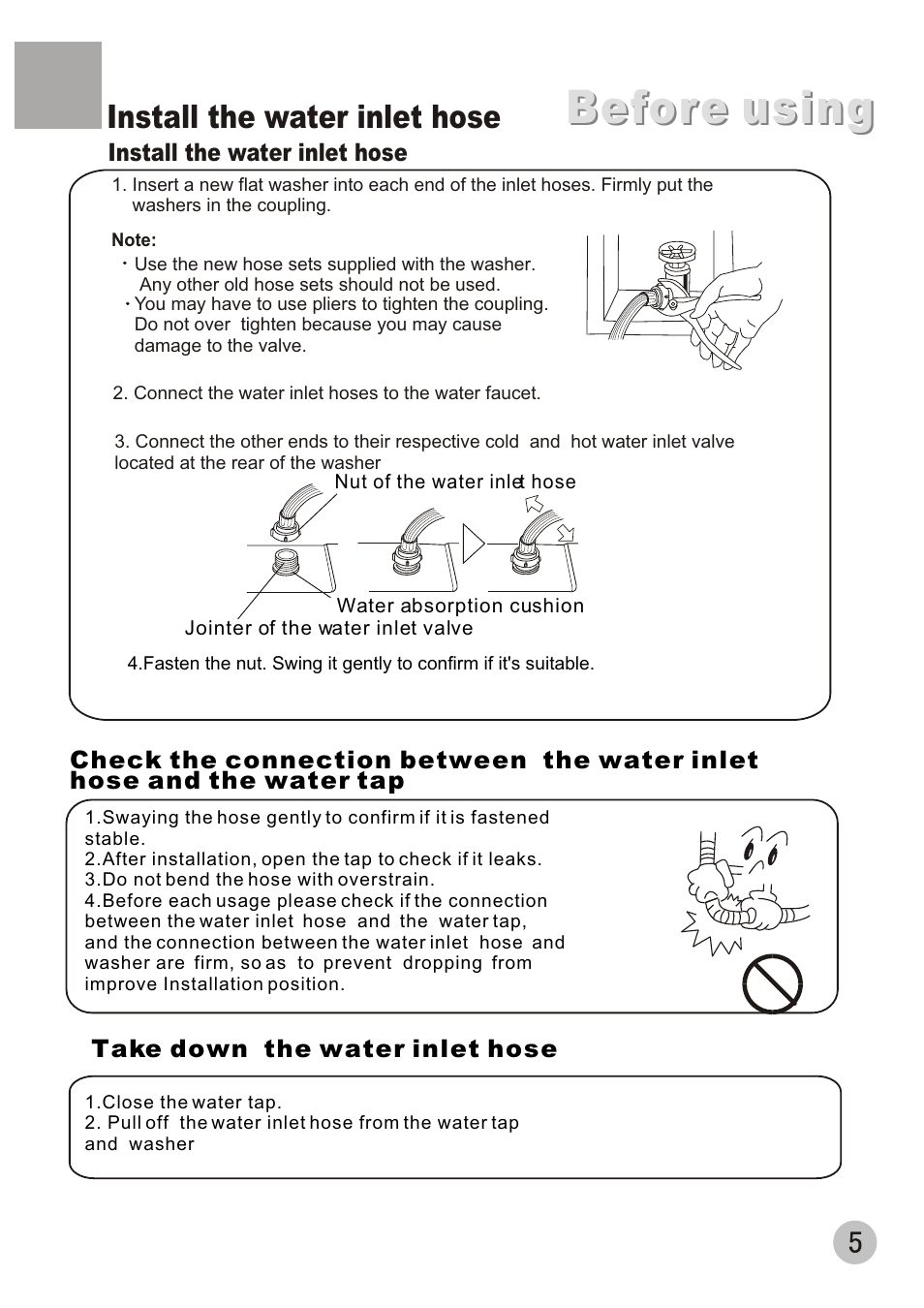 Before using, Install the water inlet hose | haier XQB50-10A User Manual | Page 8 / 20