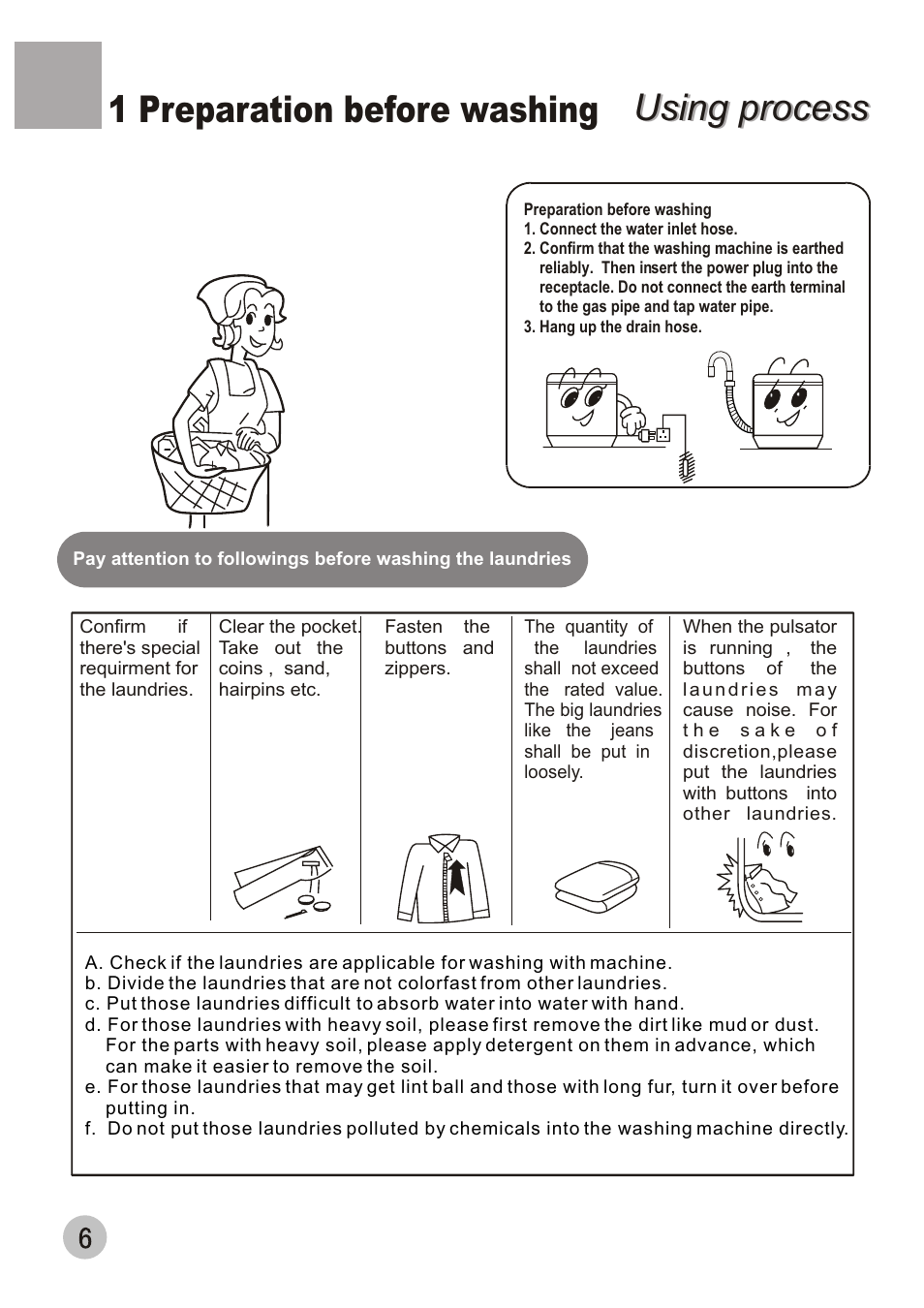 Using process, Using process 1 preparation before washing | haier XQB50-10A User Manual | Page 9 / 20