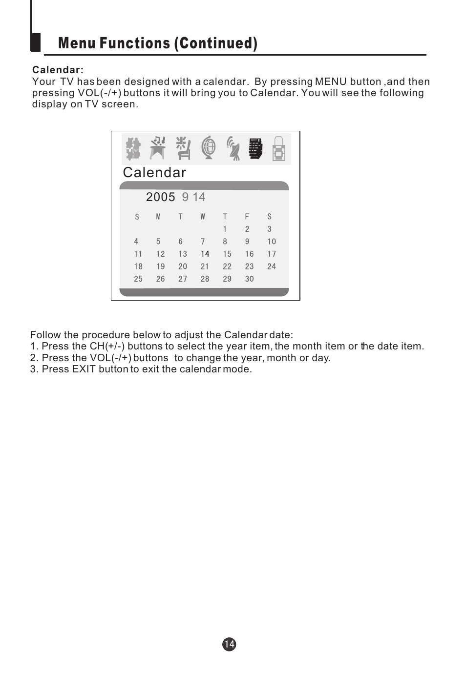 Menu functions (continued), Calendar | haier HTN20R16 User Manual | Page 16 / 24