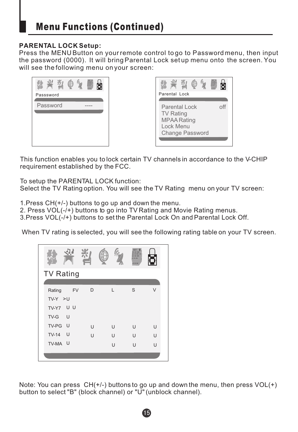 Menu functions (continued), Tv rating | haier HTN20R16 User Manual | Page 17 / 24