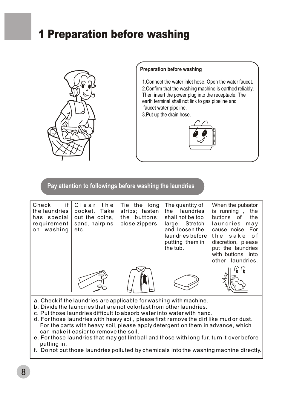 1 preparation before washing | haier HWM120-01 User Manual | Page 10 / 20