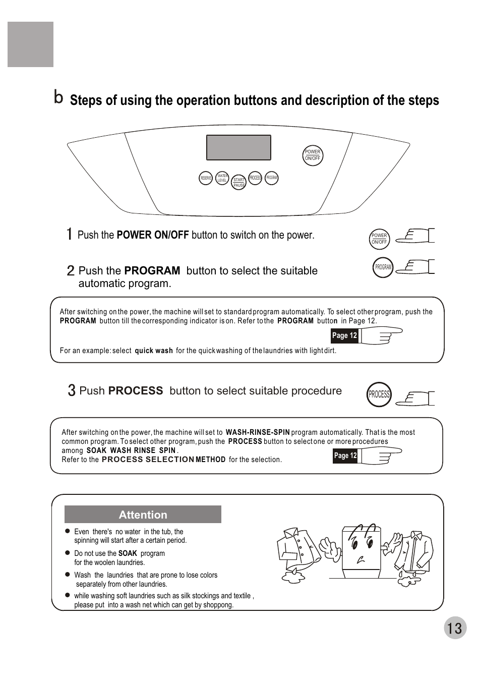 Push process button to select suitable procedure, Attention, Process | haier HWM120-01 User Manual | Page 15 / 20