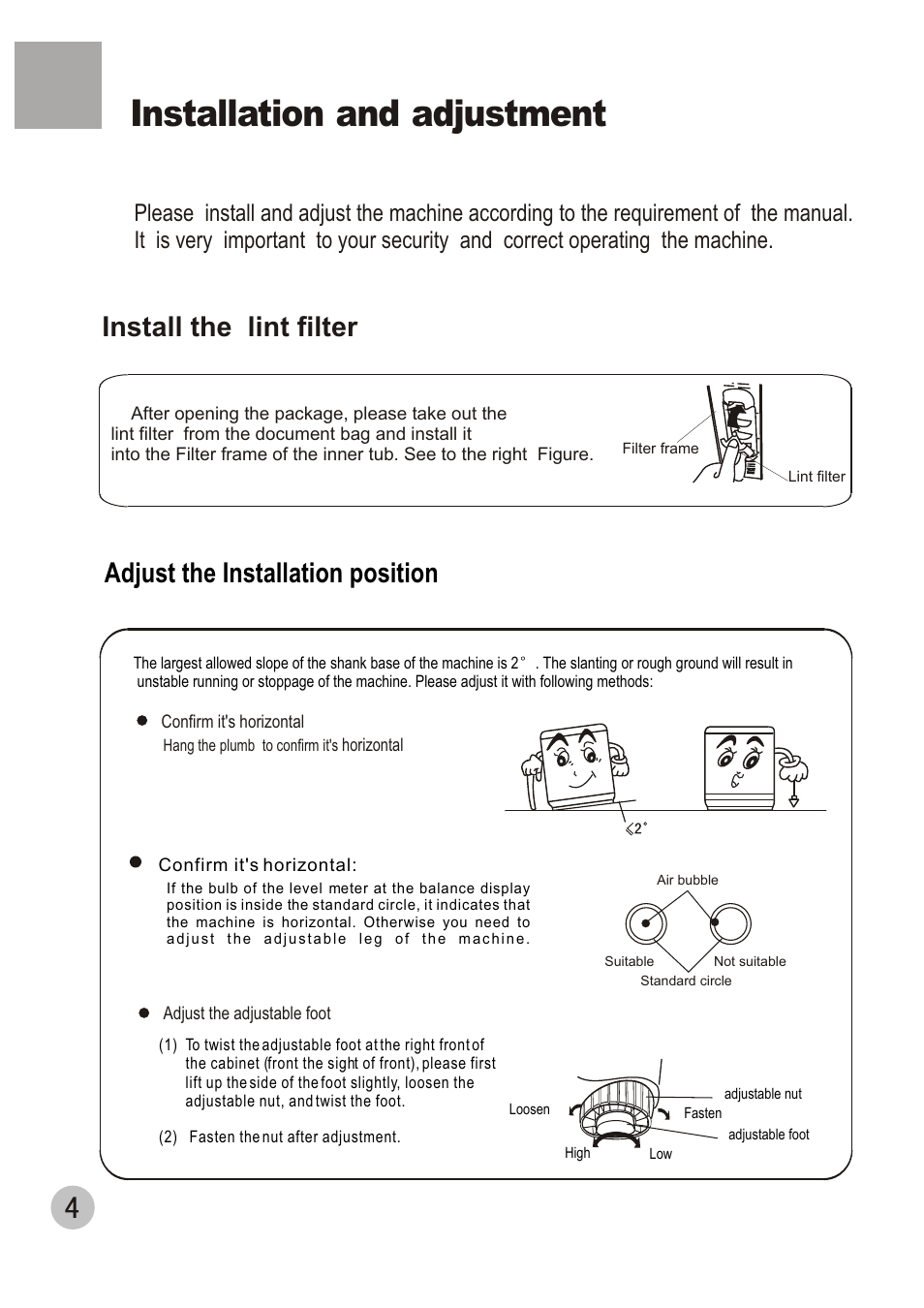 Installation and adjustment, Install the lint filter, Adjust the installation position | haier HWM120-01 User Manual | Page 6 / 20