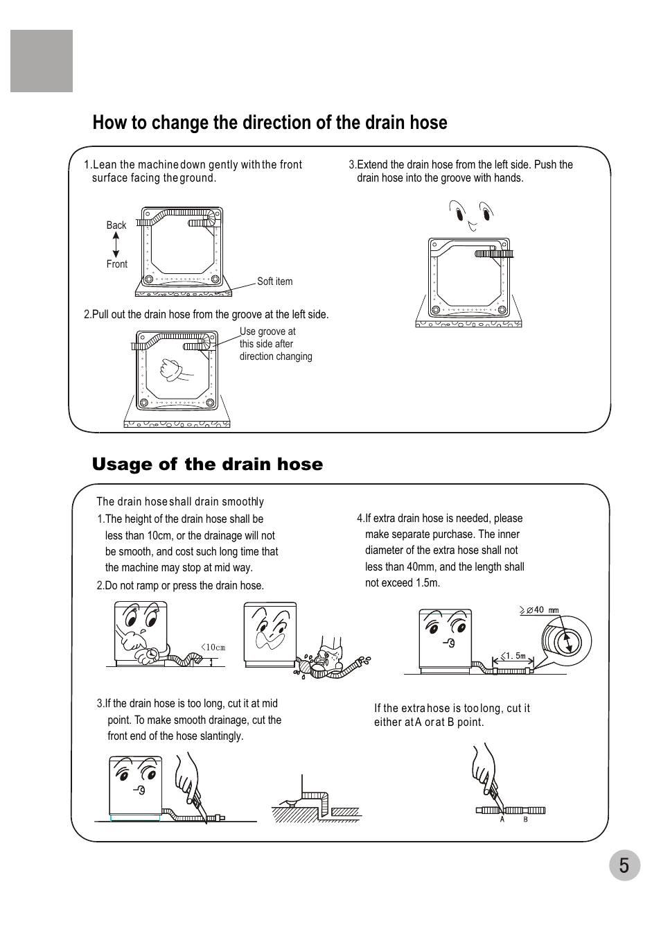 How to change the direction of the drain hose, Usage of the drain hose | haier HWM120-01 User Manual | Page 7 / 20
