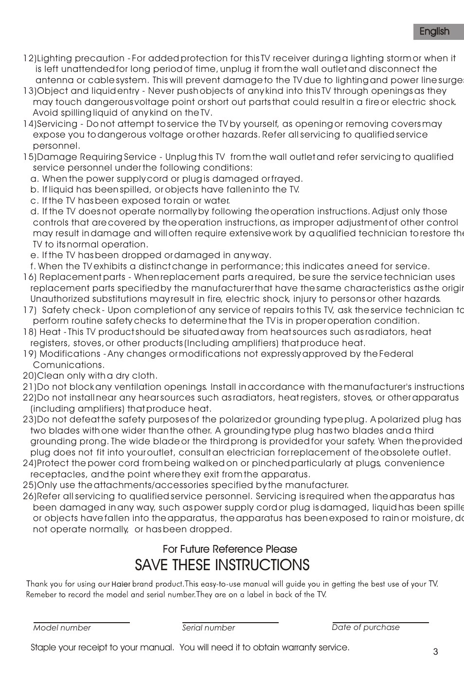 Т³гж 4, Save these instructions | haier HTR21S34 User Manual | Page 4 / 41