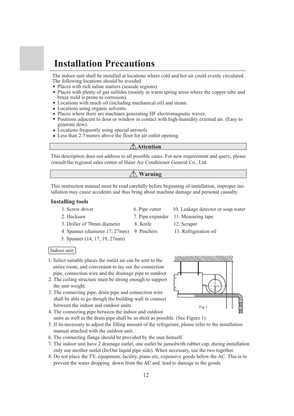 Installation precautions | haier 0010573573 User Manual | Page 14 / 22