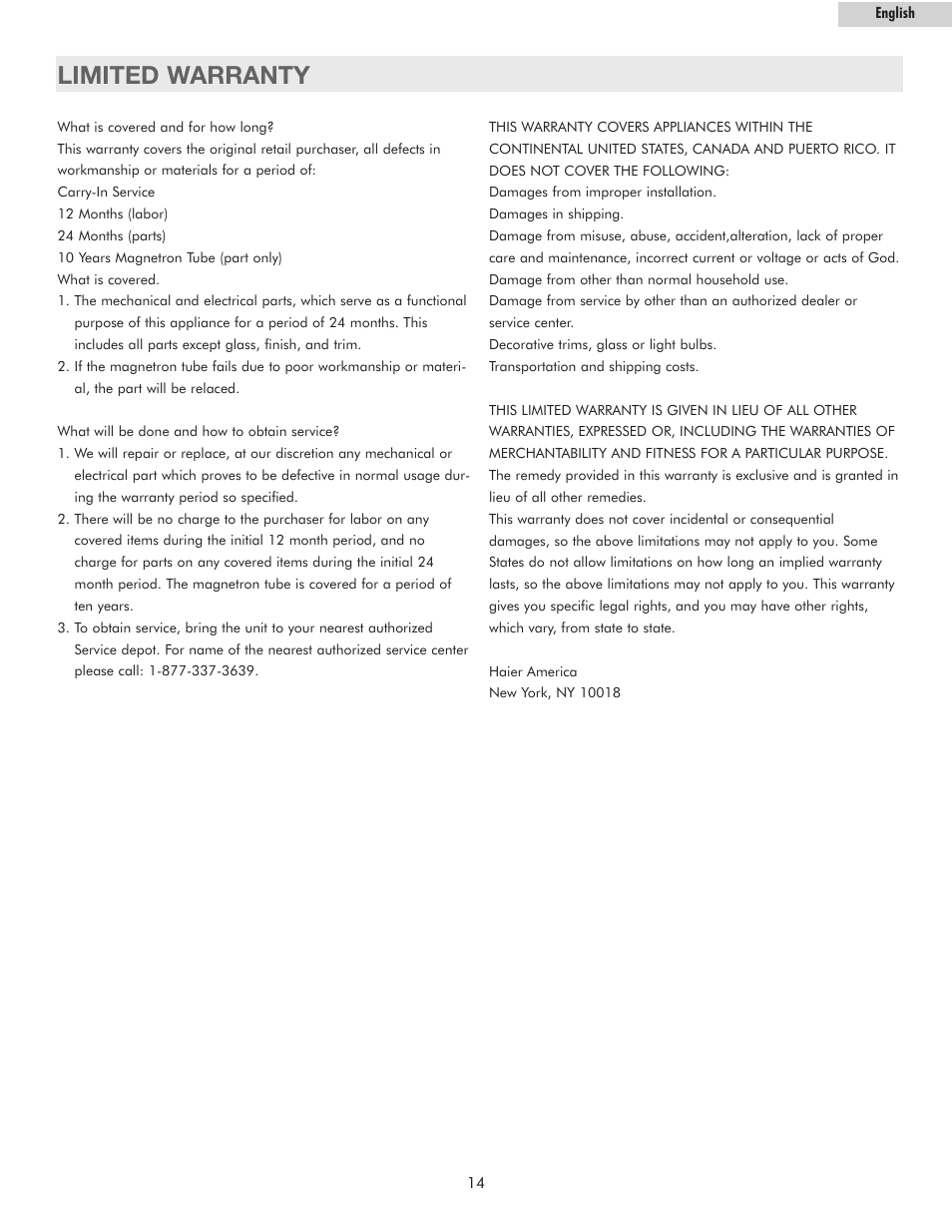 Limited warranty | haier MWG7036RW User Manual | Page 15 / 16