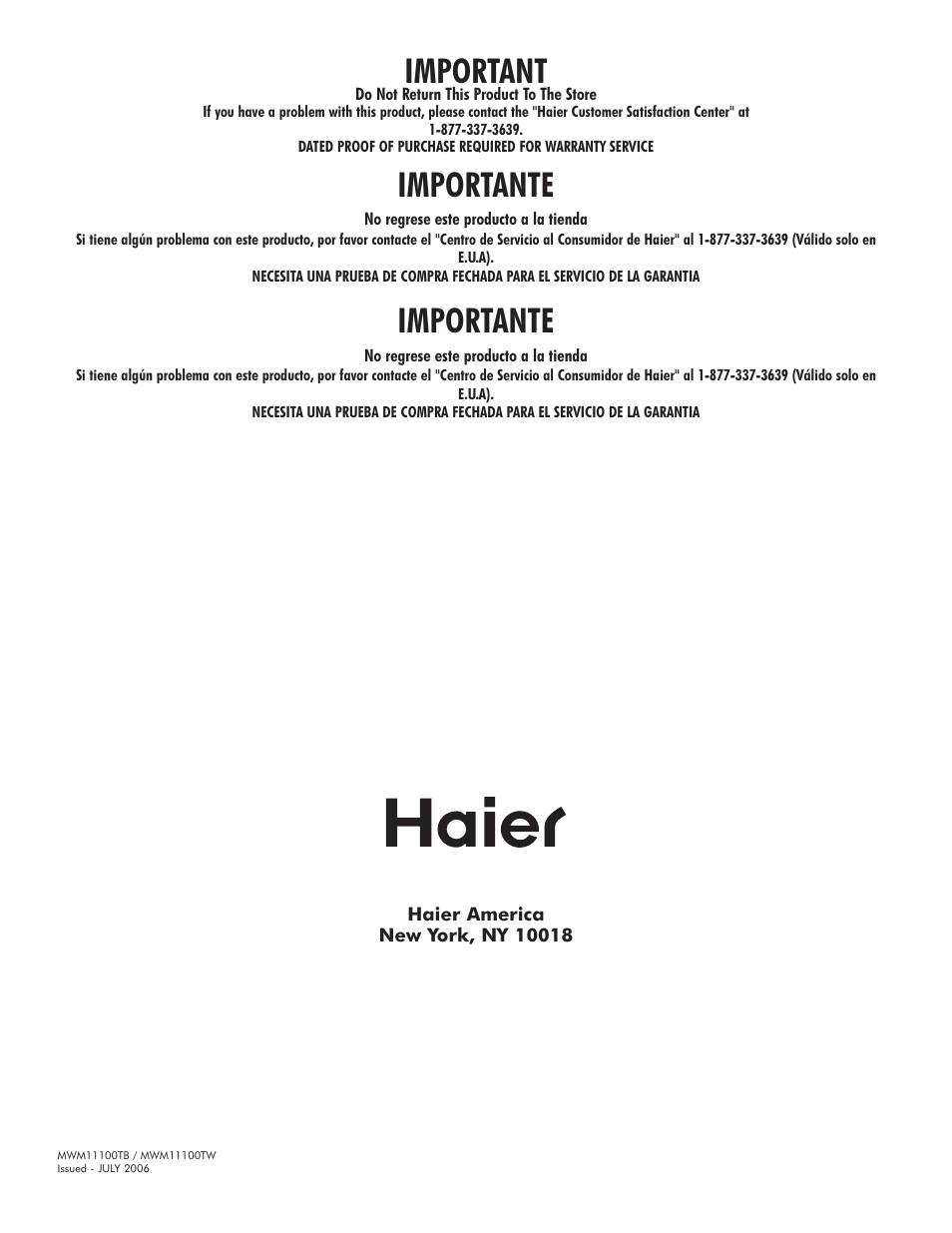 Important, Importante | haier MWG7036RW User Manual | Page 16 / 16