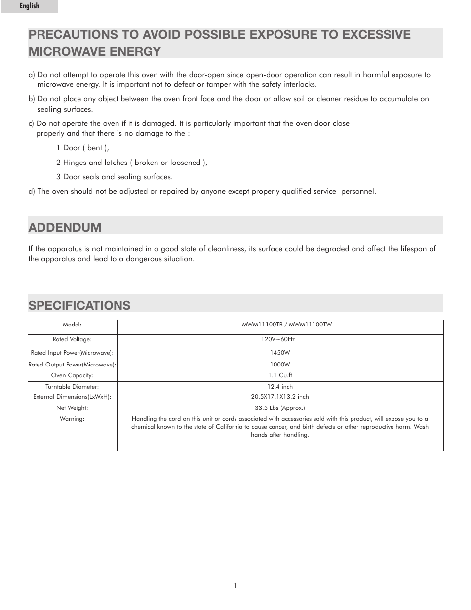 Addendum, Specifications | haier MWG7036RW User Manual | Page 2 / 16