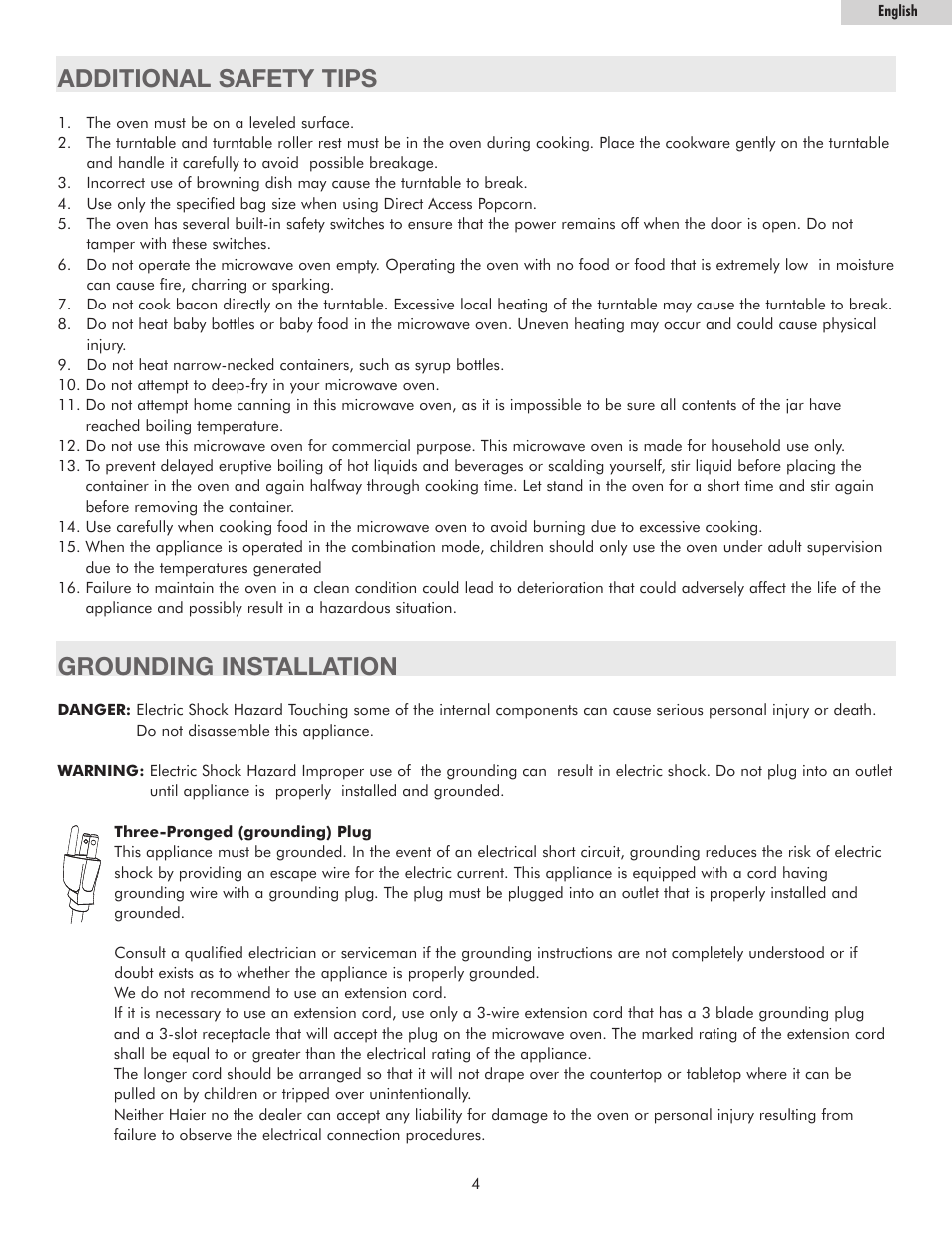Grounding installation, Additional safety tips | haier MWG7036RW User Manual | Page 5 / 16