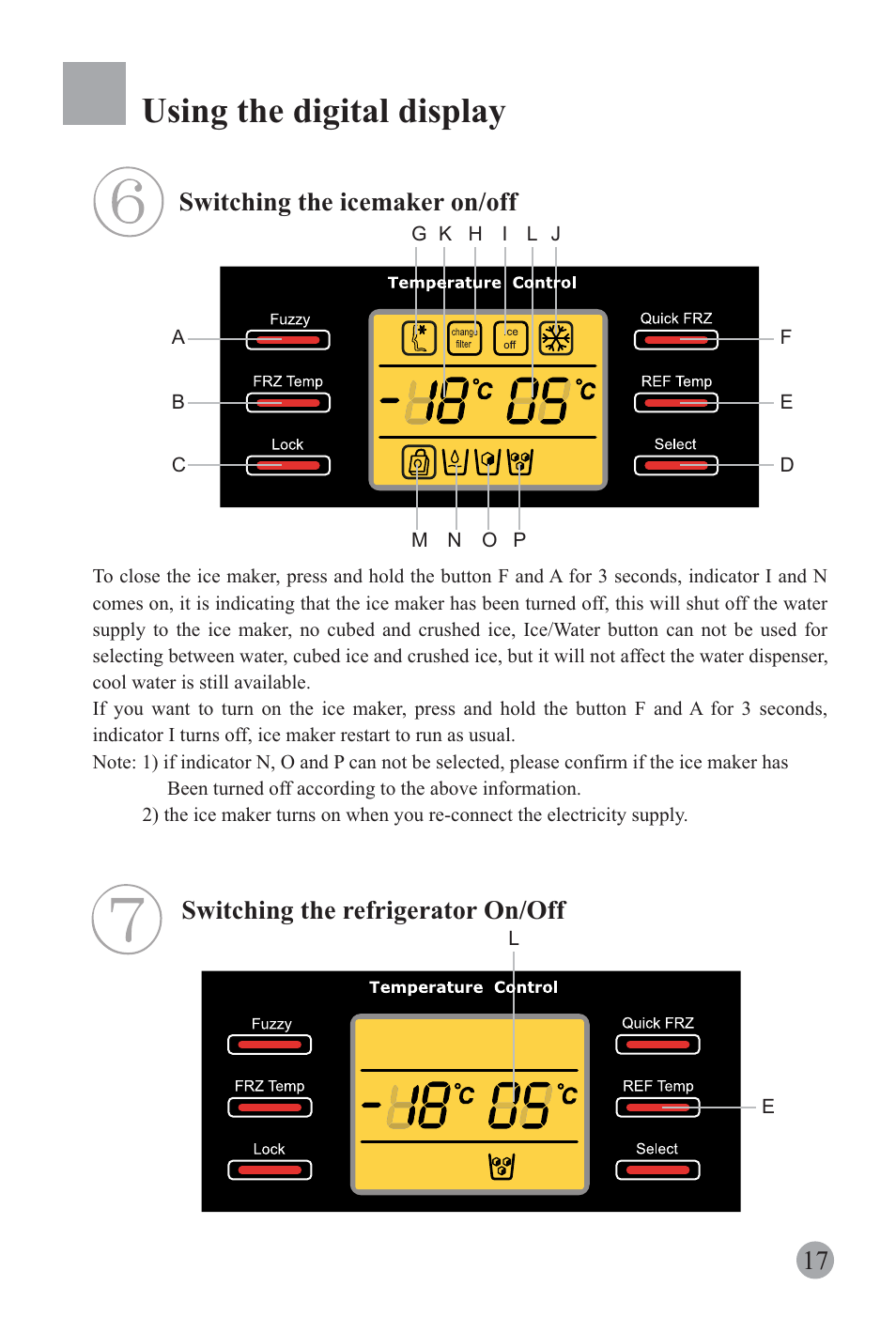 Using the digital display, Switching the icemaker on/off, 17 switching the refrigerator on/off | haier REFRIGERATOR / FREEZER COMBO HRF-6631RG User Manual | Page 19 / 44