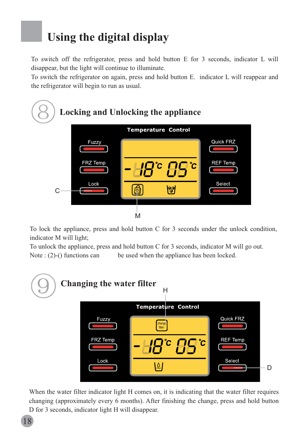 Using the digital display, Locking and unlocking the appliance, 18 changing the water filter | haier REFRIGERATOR / FREEZER COMBO HRF-6631RG User Manual | Page 20 / 44