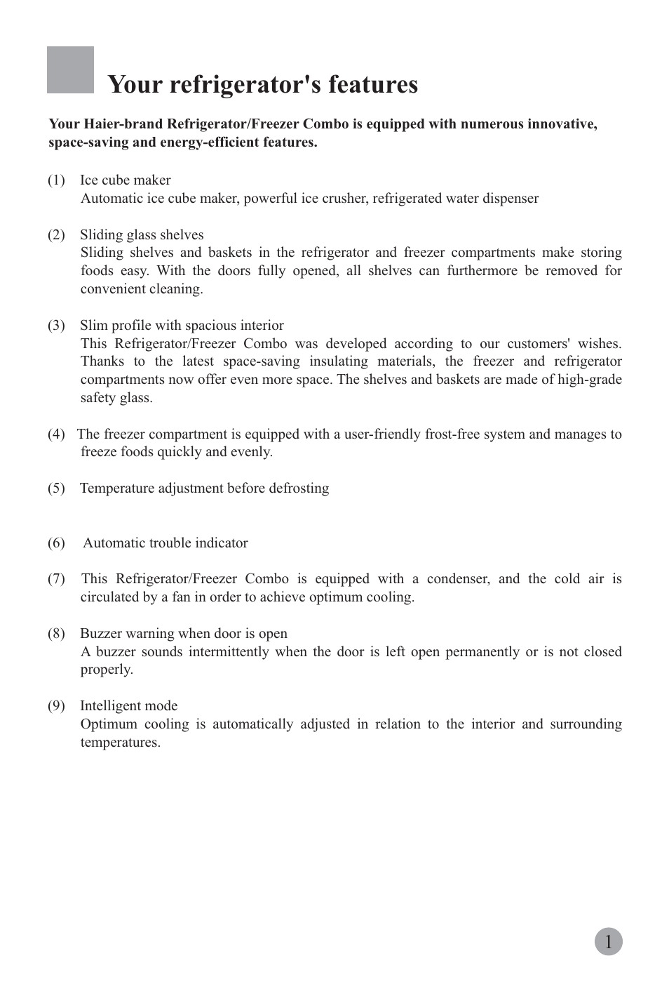 Your refrigerator's features | haier REFRIGERATOR / FREEZER COMBO HRF-6631RG User Manual | Page 3 / 44