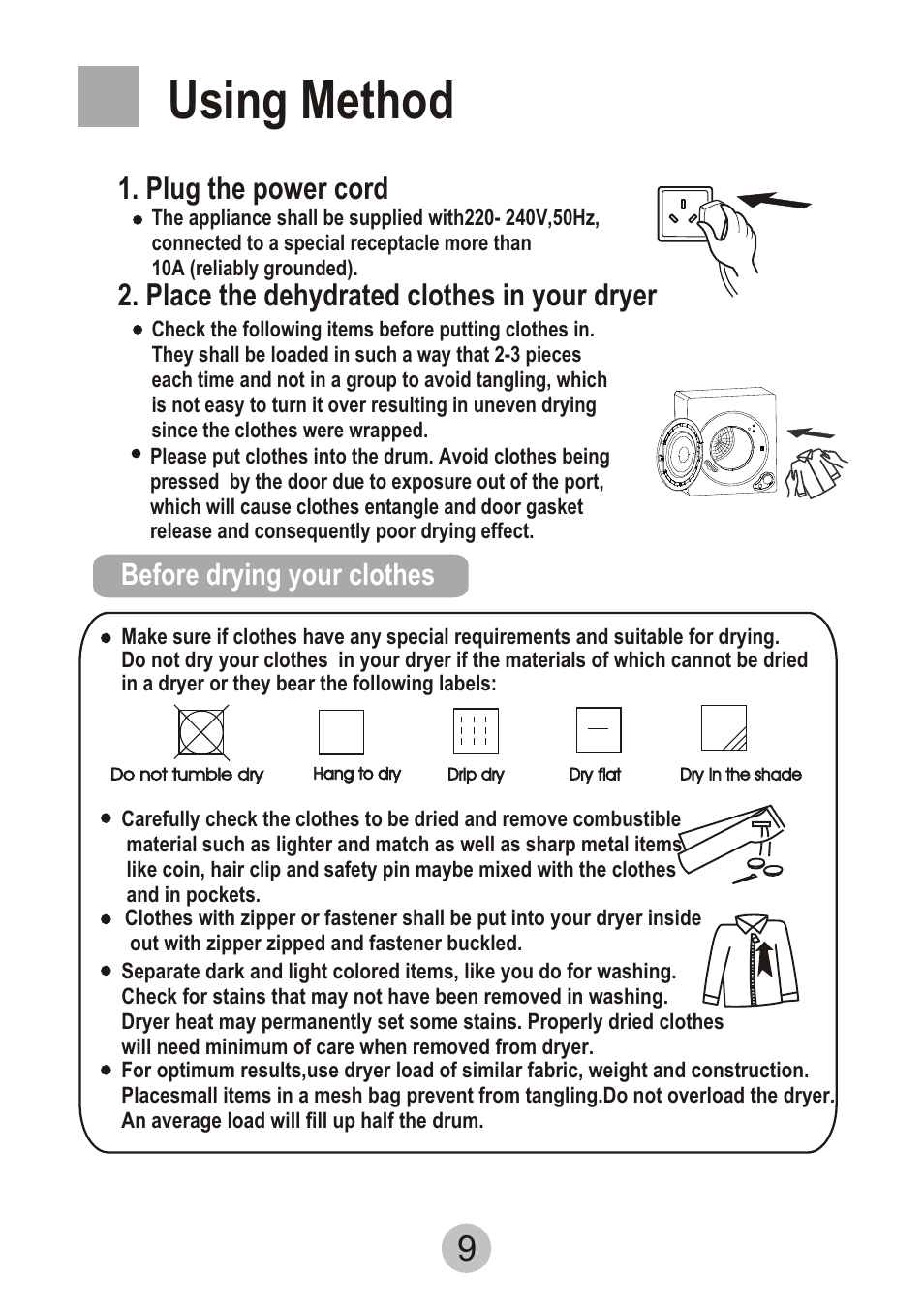 Т³гж 10, Using method, Plug the power cord | Place the dehydrated clothes in your dryer, Before drying your clothes | haier GDZ5.0-61 User Manual | Page 10 / 16