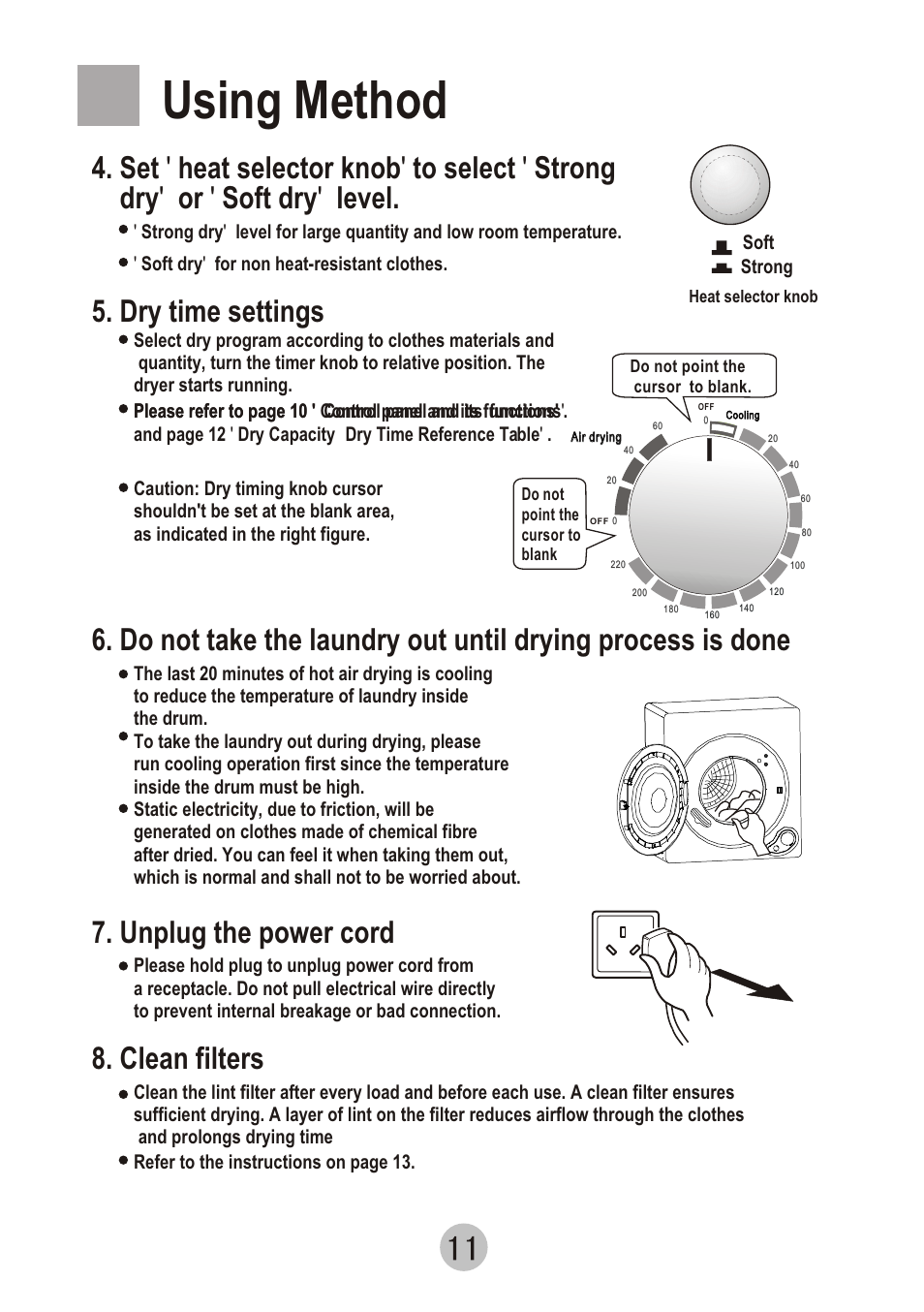 Т³гж 12, Using method, Unplug the power cord | Clean filters, Dry time settings | haier GDZ5.0-61 User Manual | Page 12 / 16