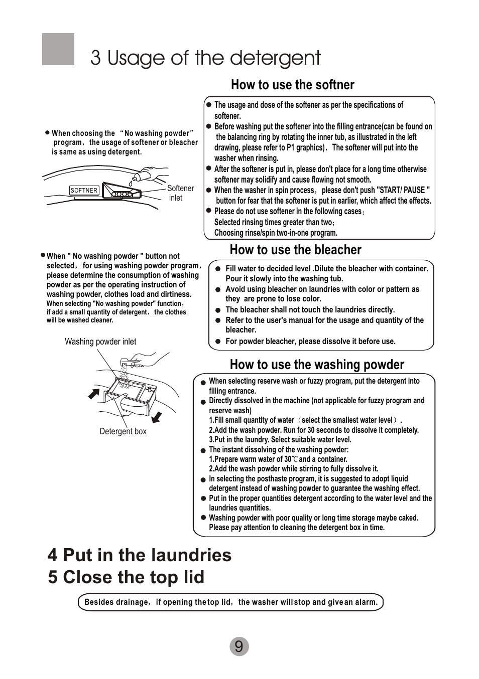 Т³гж 11, 3 usage of the detergent, 4 put in the laundries 5 close the top lid | How to use the bleacher, How to use the washing powder, How to use the softner | haier XQSB60-JN User Manual | Page 11 / 20