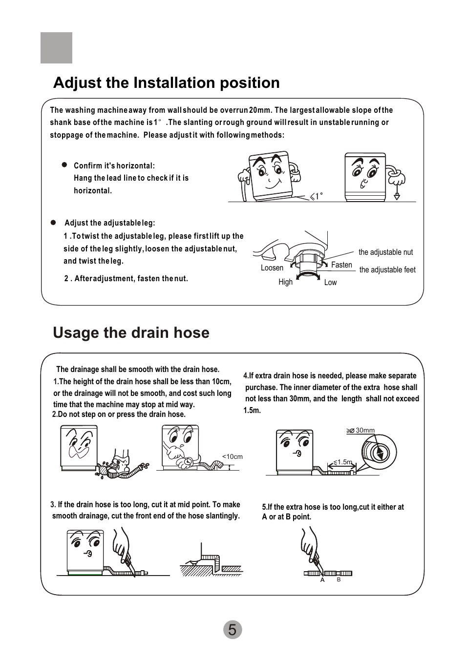 Т³гж 7, 5usage the drain hose, Adjust the installation position | haier XQSB60-JN User Manual | Page 7 / 20