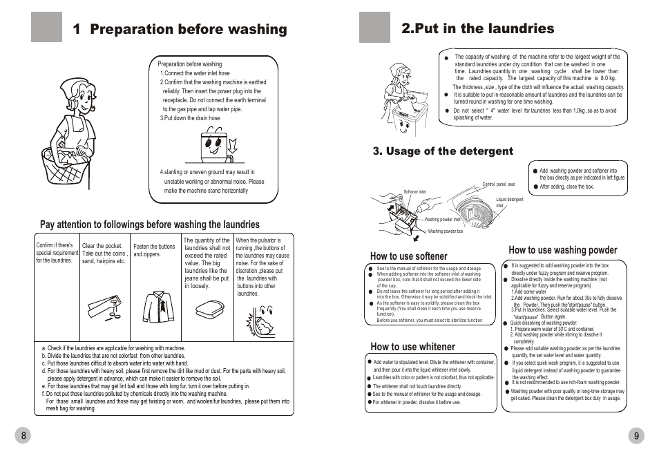 Put in the laundries, 1 preparation before washing, How to use whitener how to use washing powder | Usage of the detergent, How to use softener | haier HWM110-0566 User Manual | Page 10 / 10