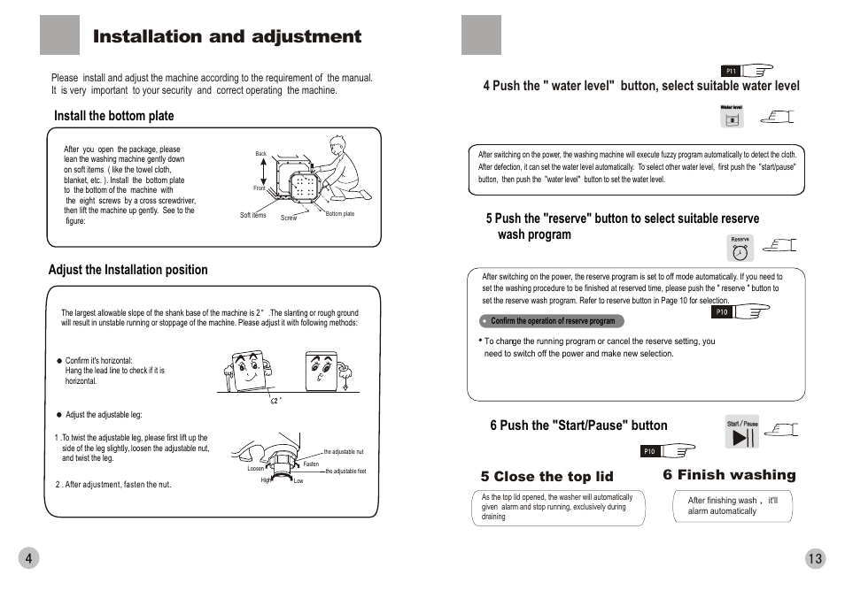 Installation and adjustment, 6 push the "start/pause" button 6 finish washing, 5 close the top lid | haier HWM110-0566 User Manual | Page 6 / 10