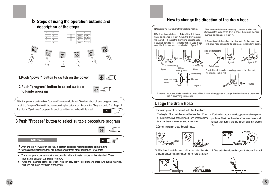 Usage the drain hose, Push "power" button to switch on the power, Attention | haier HWM110-0566 User Manual | Page 7 / 10