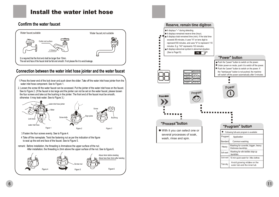 Install the water inlet hose, Confirm the water faucet, Reserve, remain time digitron | Program" button, Process button "power" button | haier HWM110-0566 User Manual | Page 8 / 10