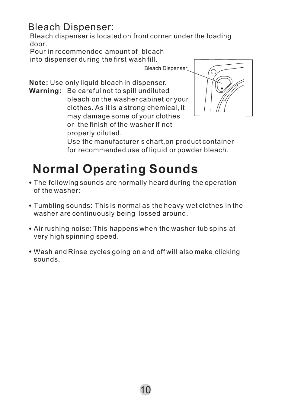 Т³гж 11, Normal operating sounds, Bleach dispenser | haier HWM65TLF User Manual | Page 11 / 20