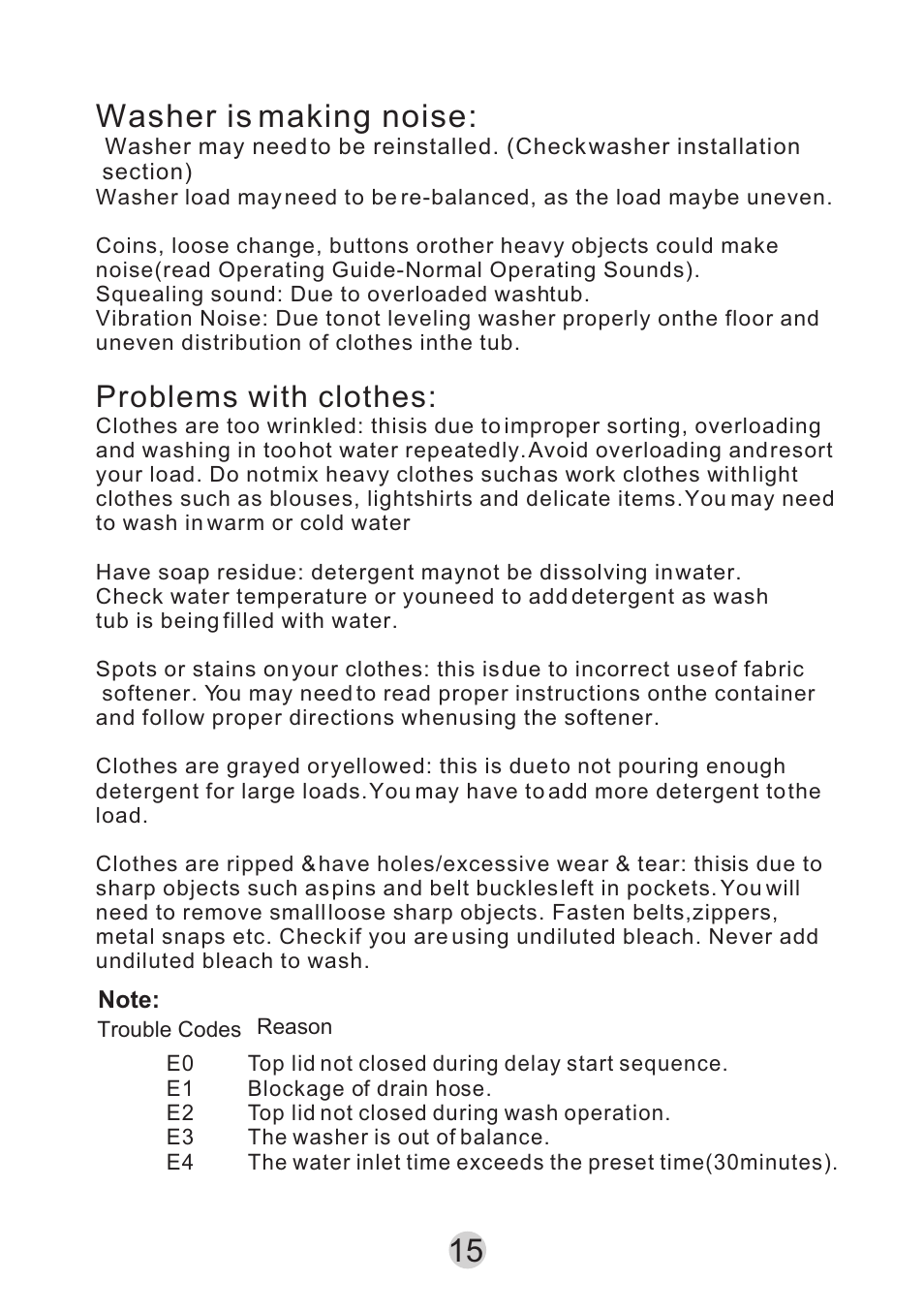 Т³гж 16, 15 washer is making noise, Problems with clothes | haier HWM65TLF User Manual | Page 16 / 20