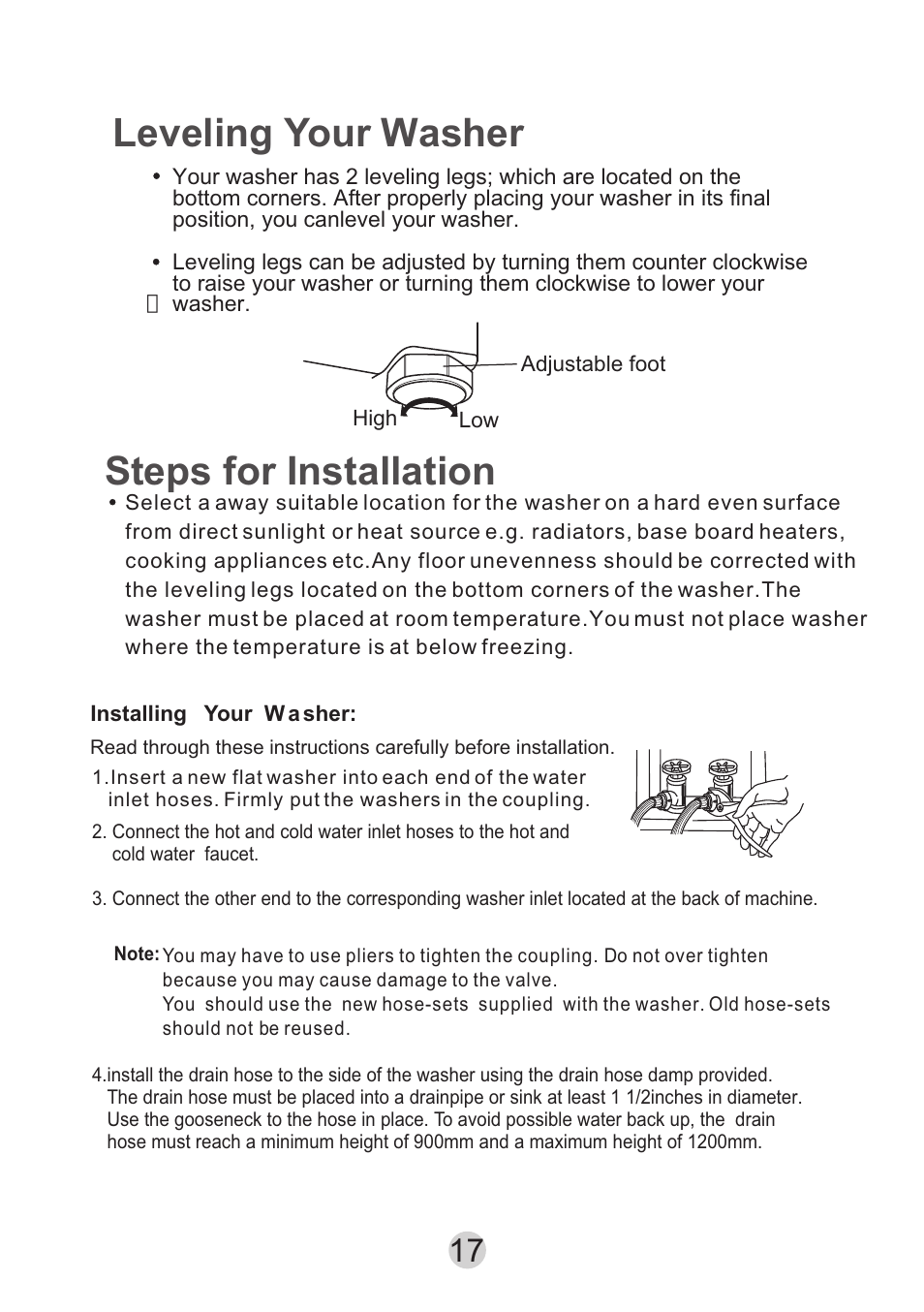 Т³гж 18, Leveling your washer, Steps for installation | haier HWM65TLF User Manual | Page 18 / 20
