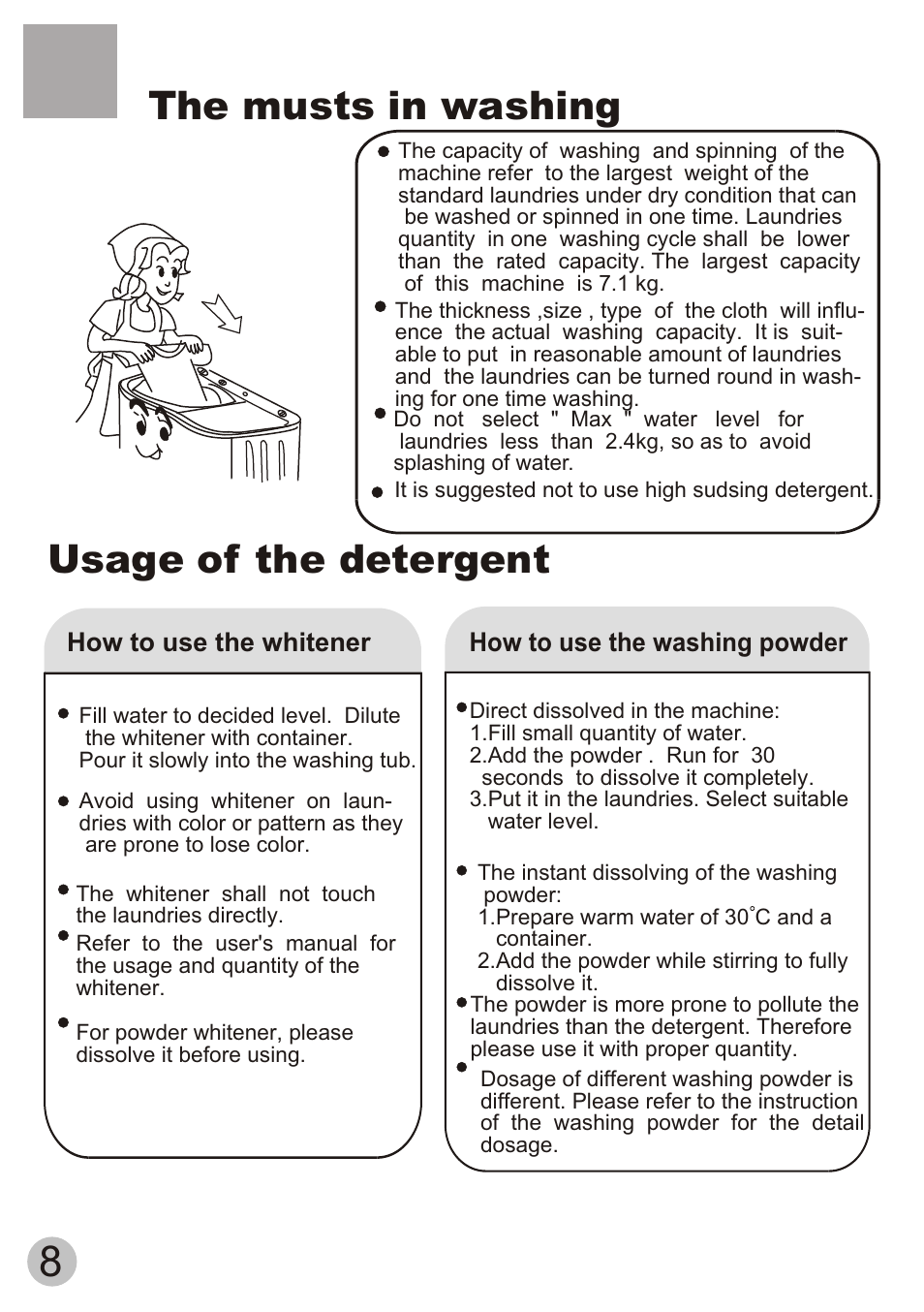 Т³гж 10, The musts in washing, Usage of the detergent | haier HWM80-113S-Fiji User Manual | Page 10 / 19