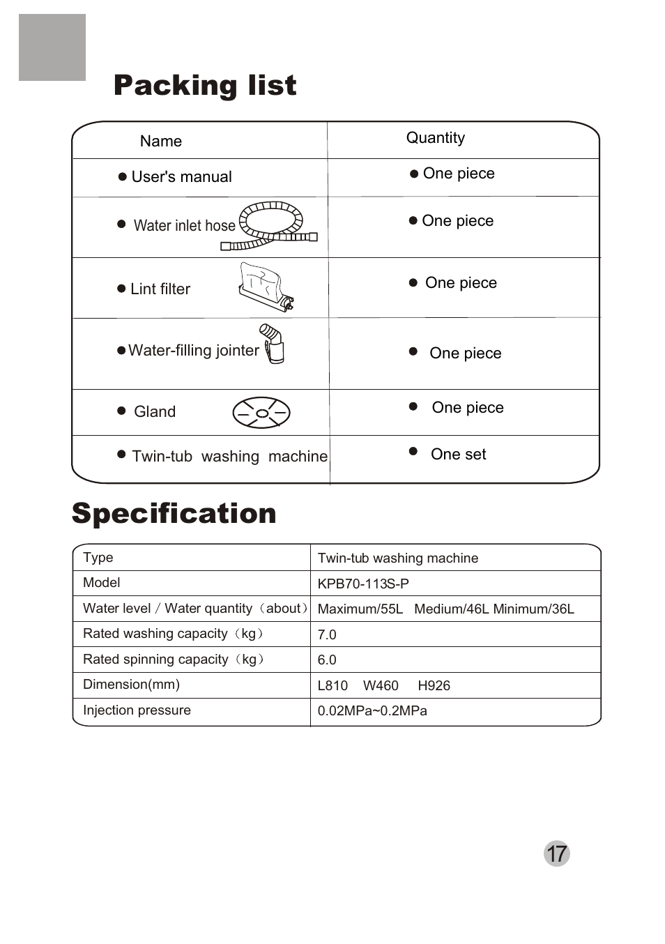 Т³гж 19, Packing list, Specification | haier HWM80-113S-Fiji User Manual | Page 19 / 19