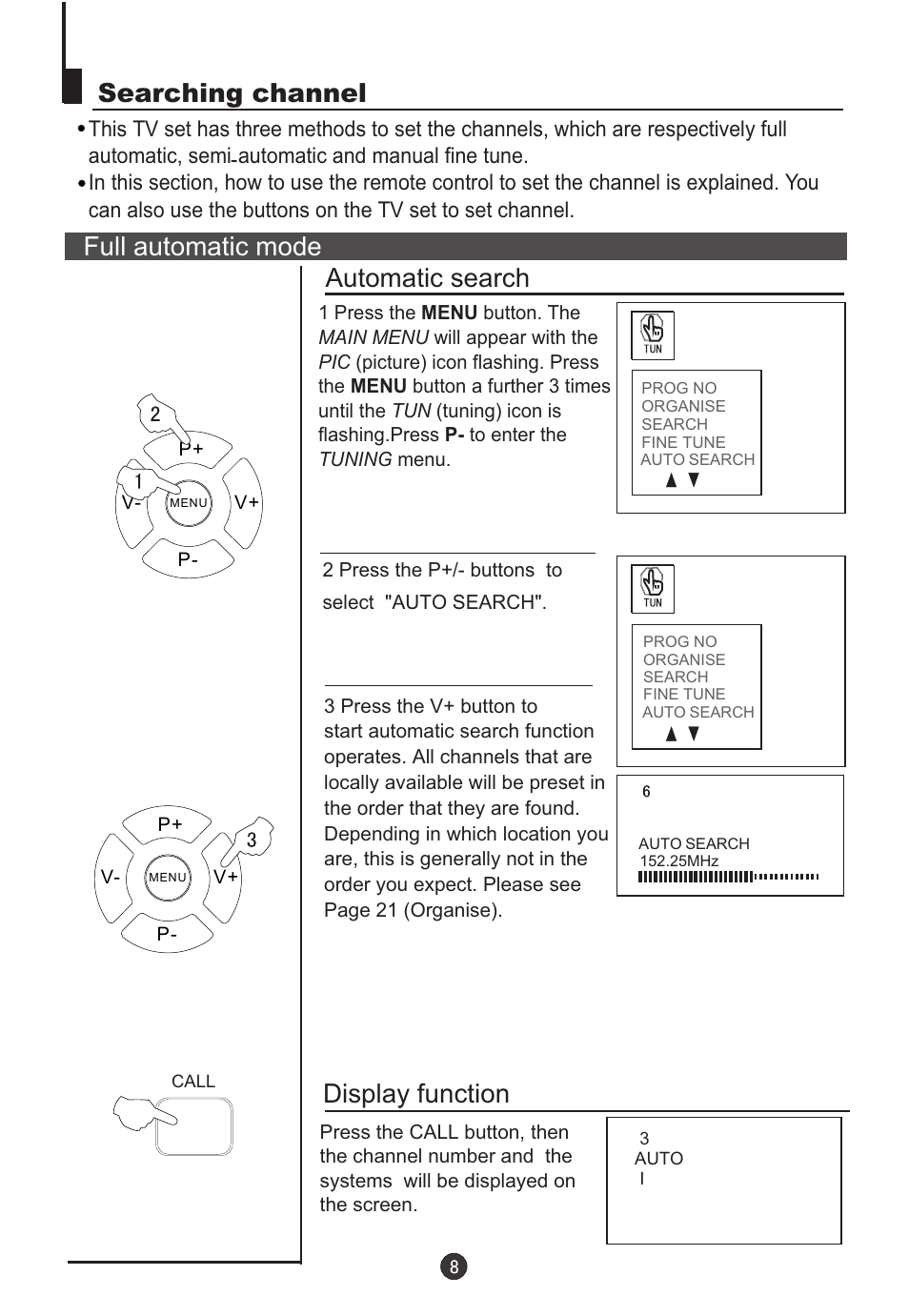 Searching channel, Full automatic mode automatic search, Display function | haier 5115DVD User Manual | Page 10 / 35