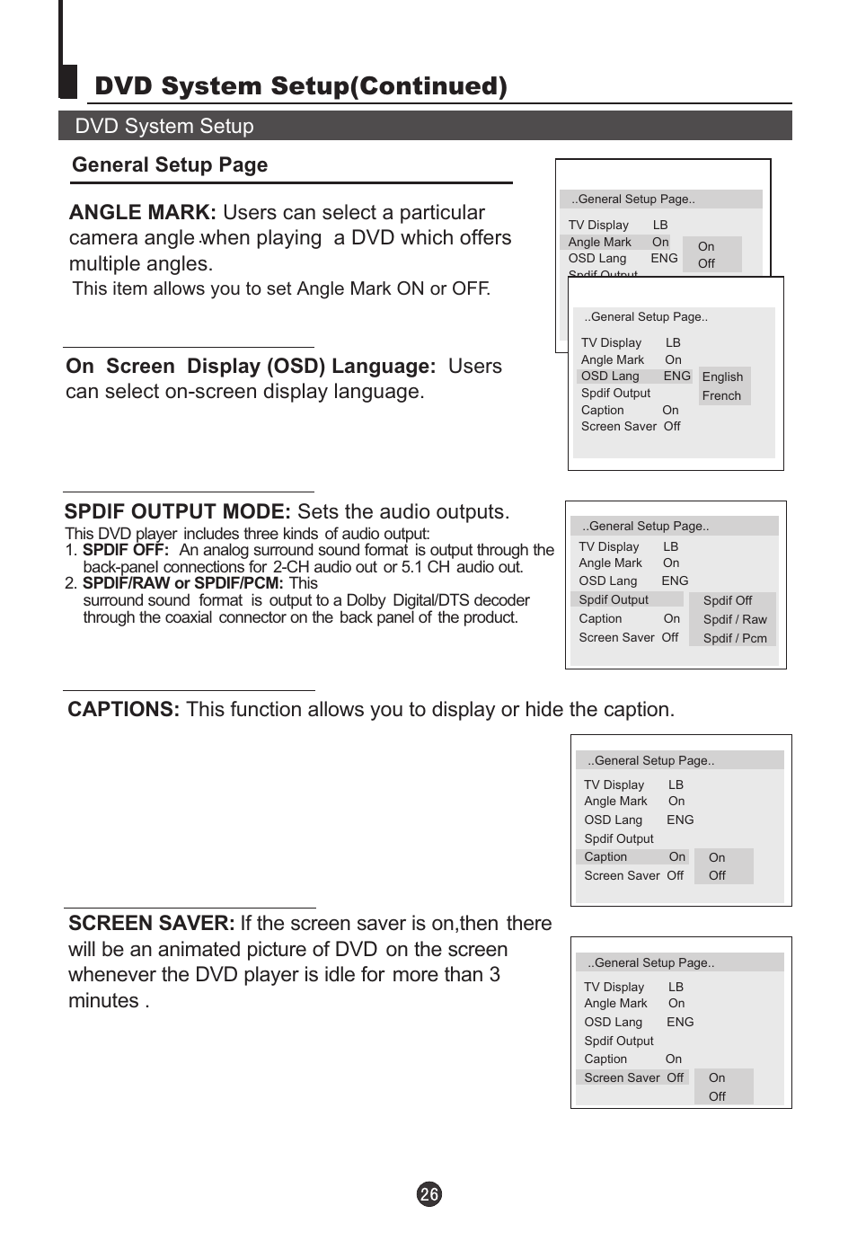 Dvd system setup(continued), Spdlf output mode: sets the audio outputs, This item allows you to set angle mark on or off | haier 5115DVD User Manual | Page 28 / 35