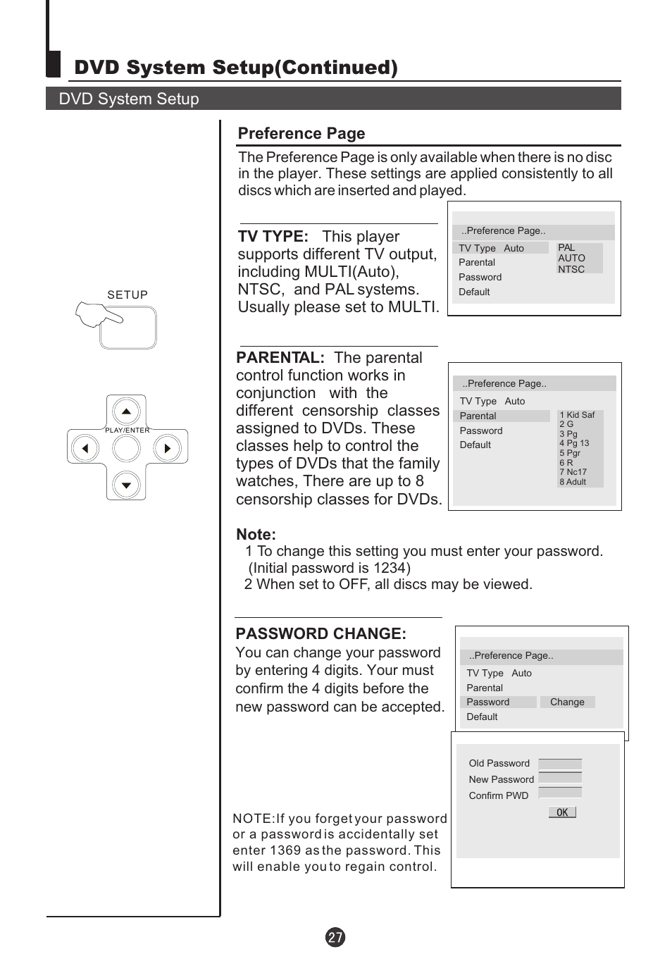 Dvd system setup(continued), Dvd system setup preference page, Password change | haier 5115DVD User Manual | Page 29 / 35