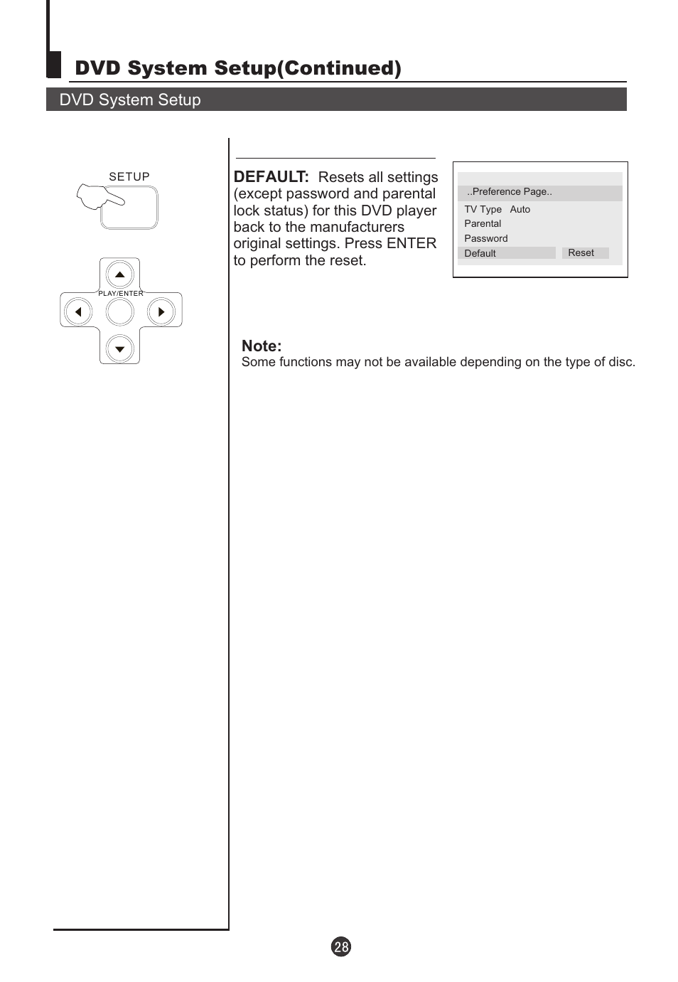 Dvd system setup(continued), Dvd system setup, Default | haier 5115DVD User Manual | Page 30 / 35