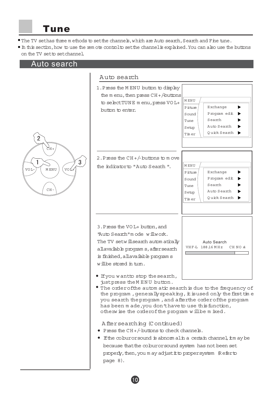 Tune, Auto search, A uto search | haier 29F5D User Manual | Page 11 / 45