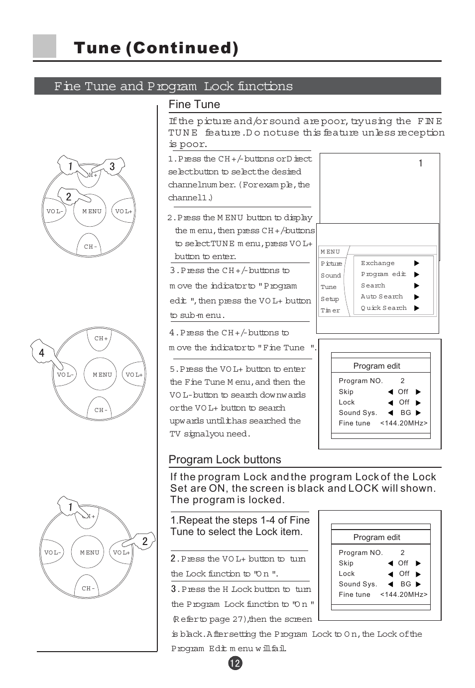 Tune (continued), Fine tune and program lock functions, Fine tune program lock buttons | haier 29F5D User Manual | Page 13 / 45