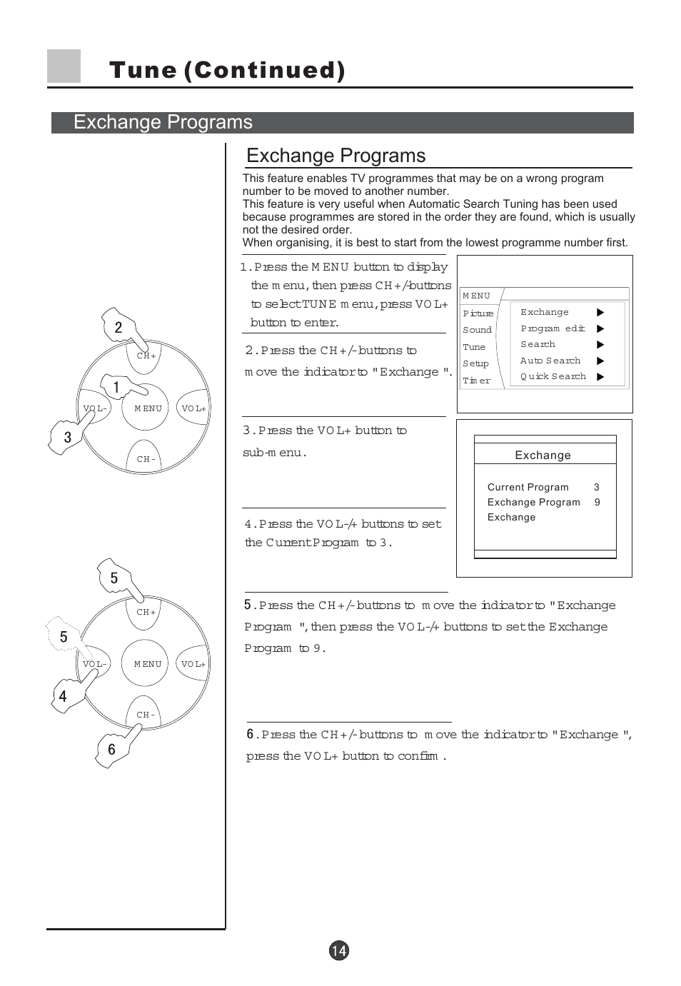 Tune (continued), Exchange programs | haier 29F5D User Manual | Page 15 / 45
