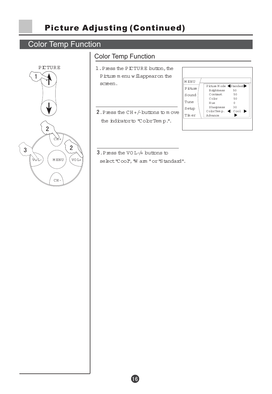 Color temp function, Picture adjusting (continued) | haier 29F5D User Manual | Page 17 / 45