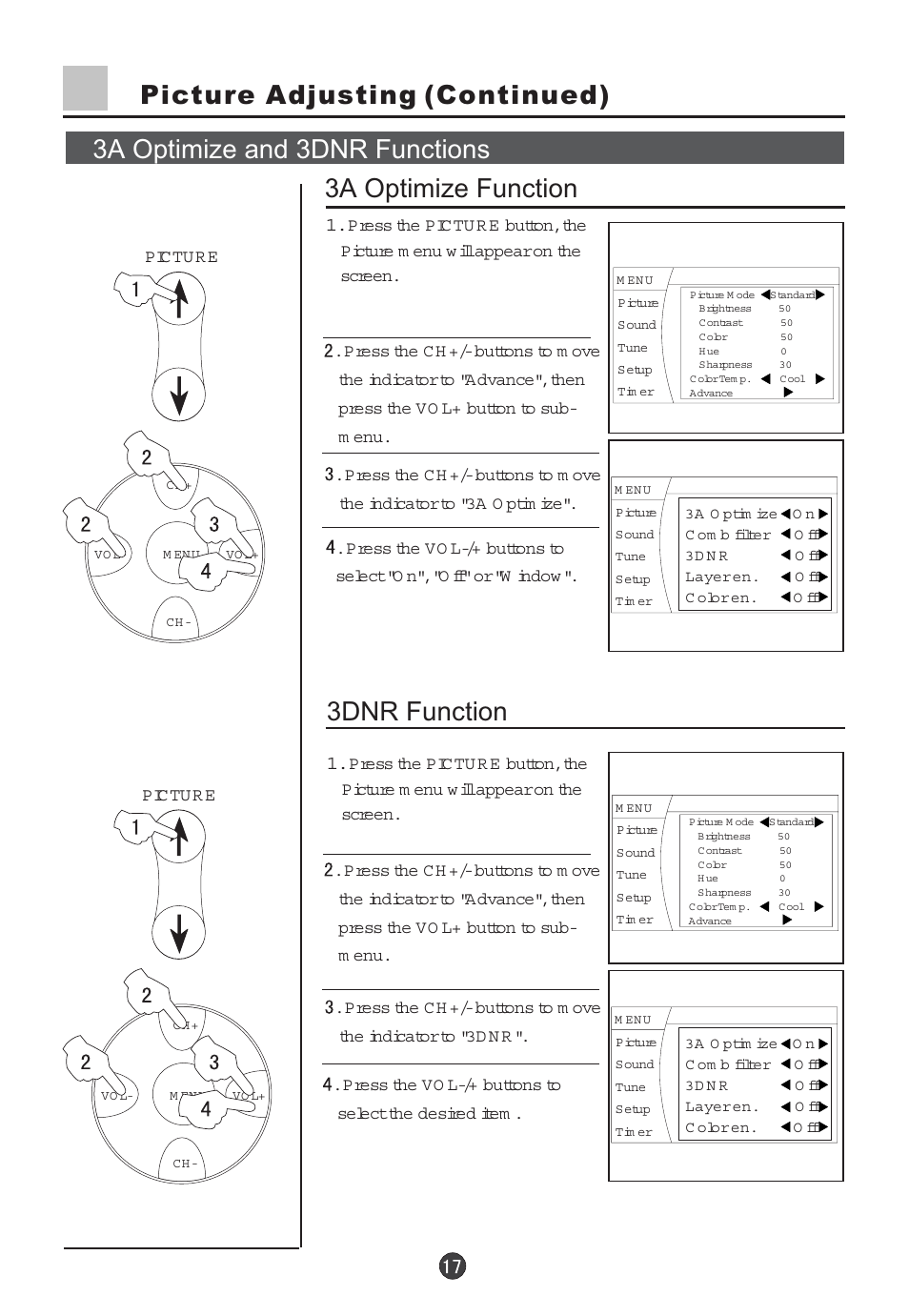 Picture adjusting (continued), 3dnr function | haier 29F5D User Manual | Page 18 / 45