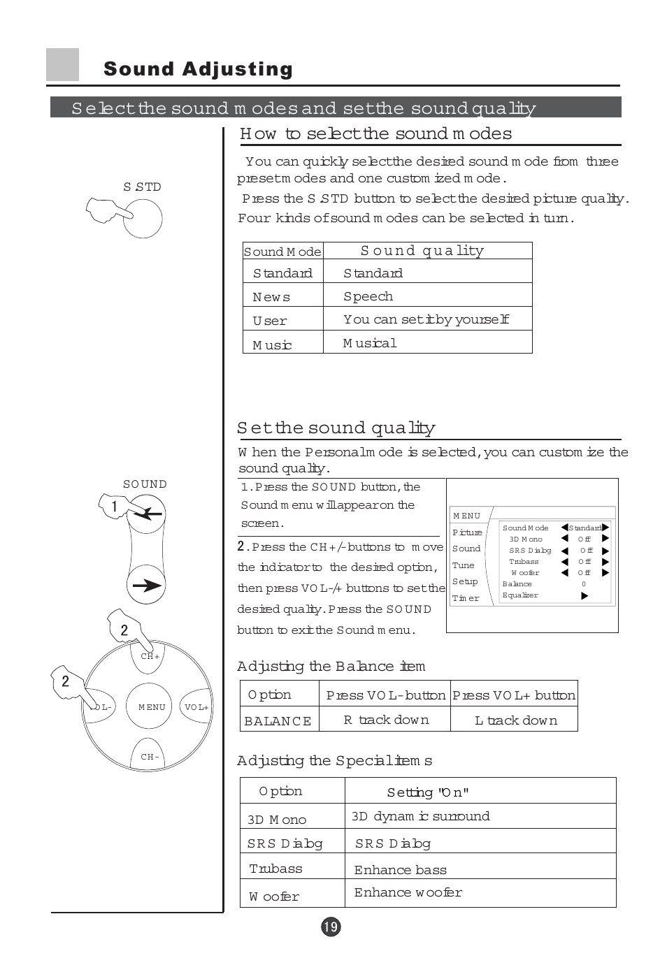 S et the sound quality, Adjusting the balance item, Adjusting the special item s | haier 29F5D User Manual | Page 20 / 45