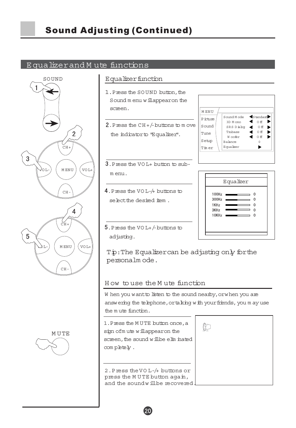 Equalizer function, H ow to use the m ute function | haier 29F5D User Manual | Page 21 / 45