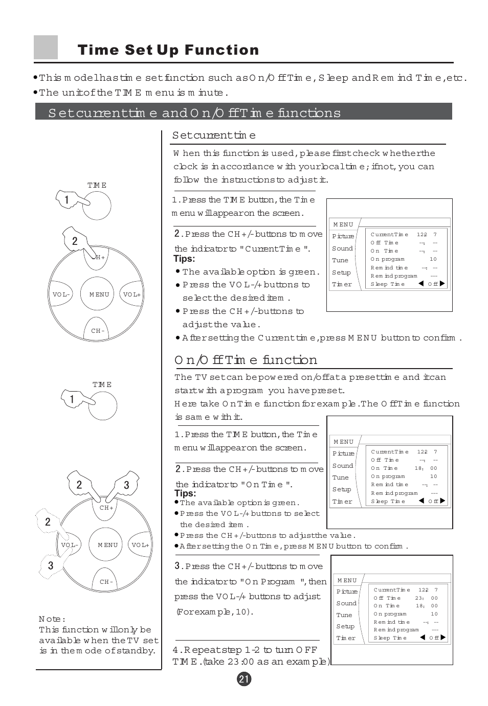 Time set up function, Set current tim e | haier 29F5D User Manual | Page 22 / 45