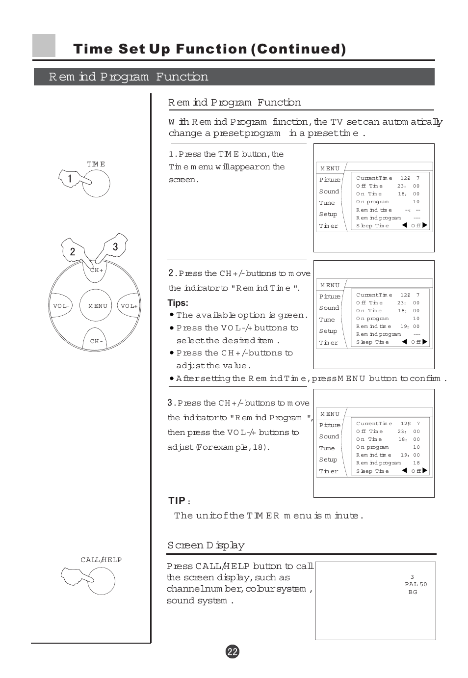 R em ind program function, Screen d isplay | haier 29F5D User Manual | Page 23 / 45