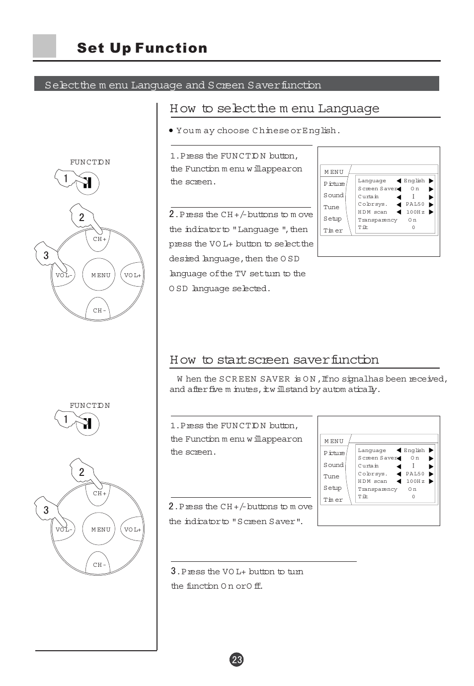 Set up function h ow to select the m enu language, H ow to start screen saver function | haier 29F5D User Manual | Page 24 / 45