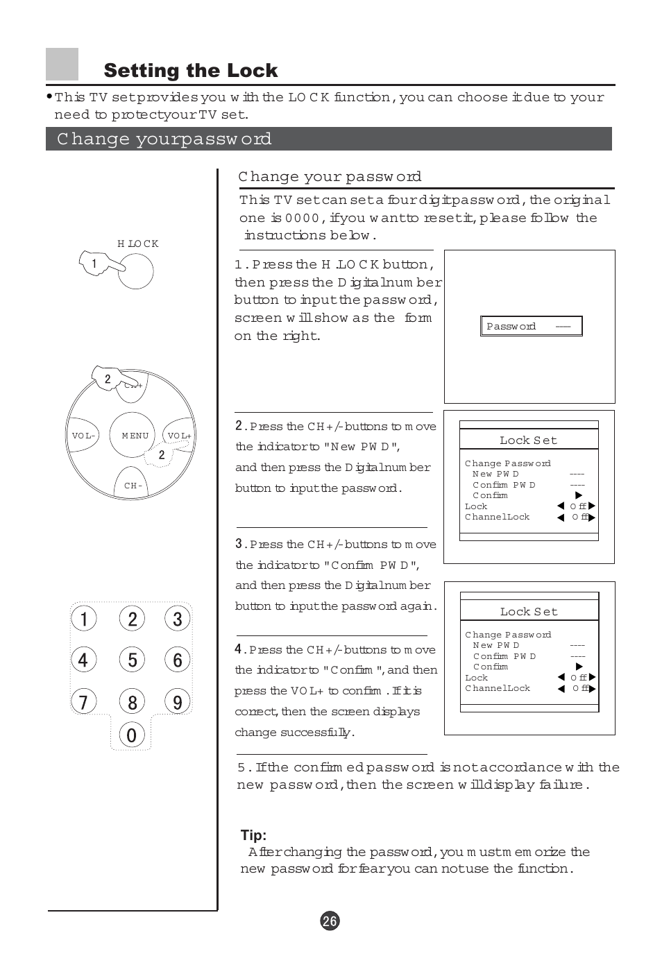 C hange your passw ord setting the lock, C hange your passw ord | haier 29F5D User Manual | Page 27 / 45