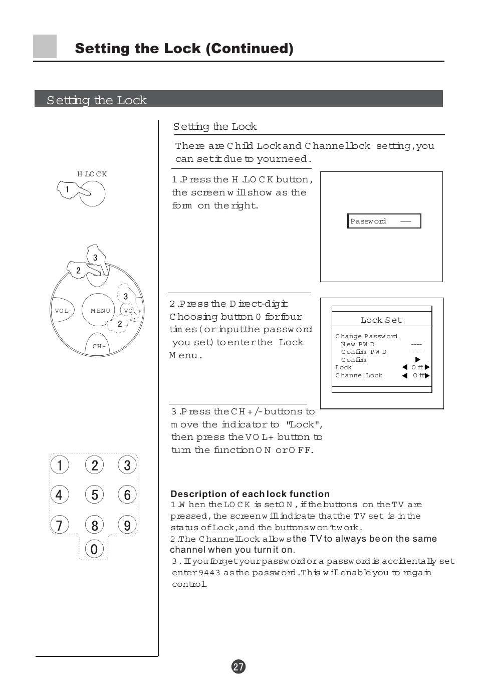 Setting the lock (continued) setting the lock, Setting the lock | haier 29F5D User Manual | Page 28 / 45