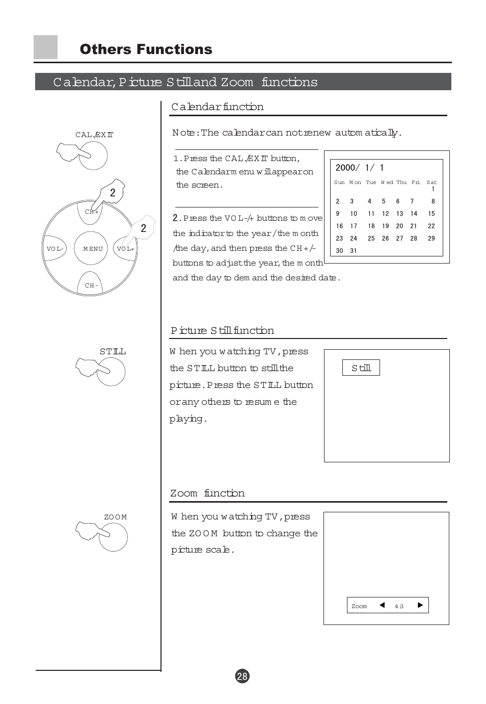 Others functions, C alendar, picture still and zoom functions, C alendar function | Picture still function, Zoom function | haier 29F5D User Manual | Page 29 / 45